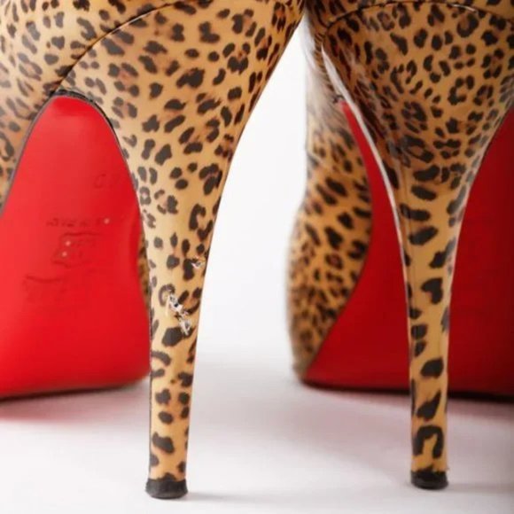 Christian Louboutin Leopard Print Patent Leather Peep Toe Heels - Picture 7 of 8